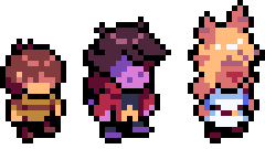 Small sprite animation of a human in a green shirt, a humanoid dinasaur in a red jacket, and a humanoid deerin a white dress, all walking.