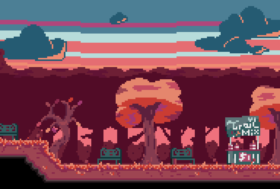 Pixel art scenery of a park in autumn. Three people are standing near a green stand labelled Trail Mix. From left to right the people are wearing a pink dress, a brown jacket, and a yellow jacket.